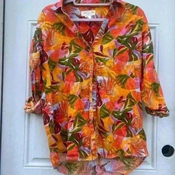 C&C CALIFORNIA Linen Shirt Roll Tab Sleeve Starburst Tropic Print Top SZ small - Picture 4 of 5